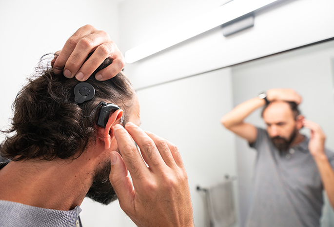 man looks in mirror and adjusts his cochlear implant