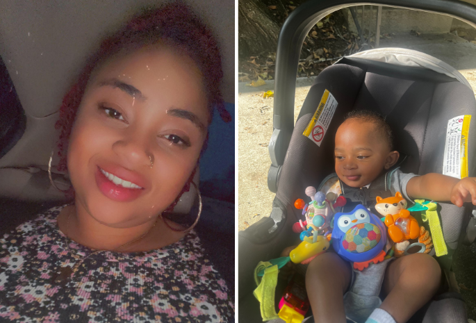 Maternity patient Chioma smiles at camera next to photo of her baby boy