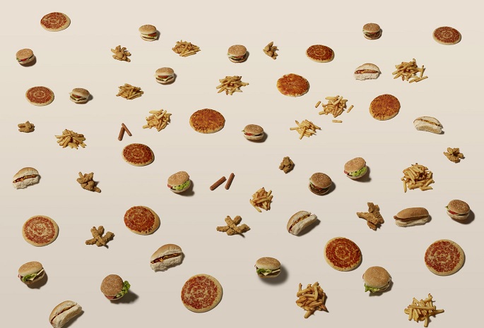 hot dogs, hamburgers, pizzas, fries and other high cholesterol foods