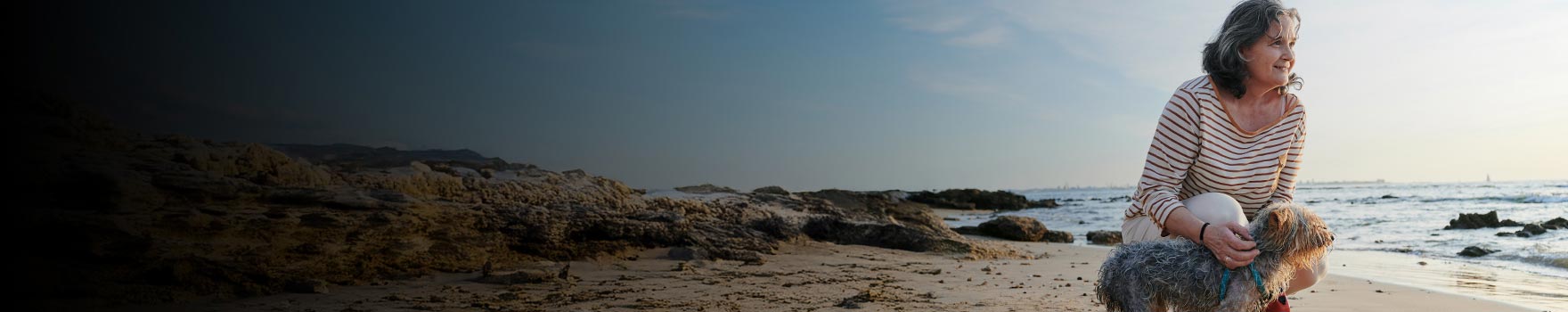 A woman and her dog enjoying the sunset in the bach