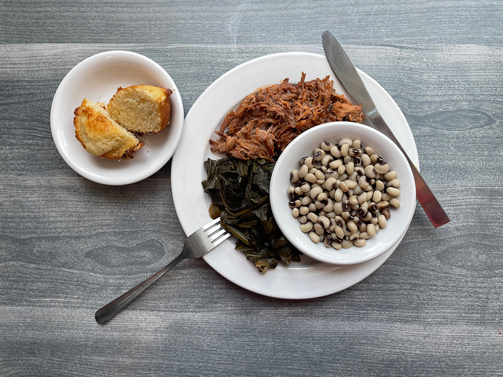 BBQ pulled port with black-eyed-peas  collard greens