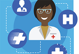 Graphic of a doctor connected to medical icons