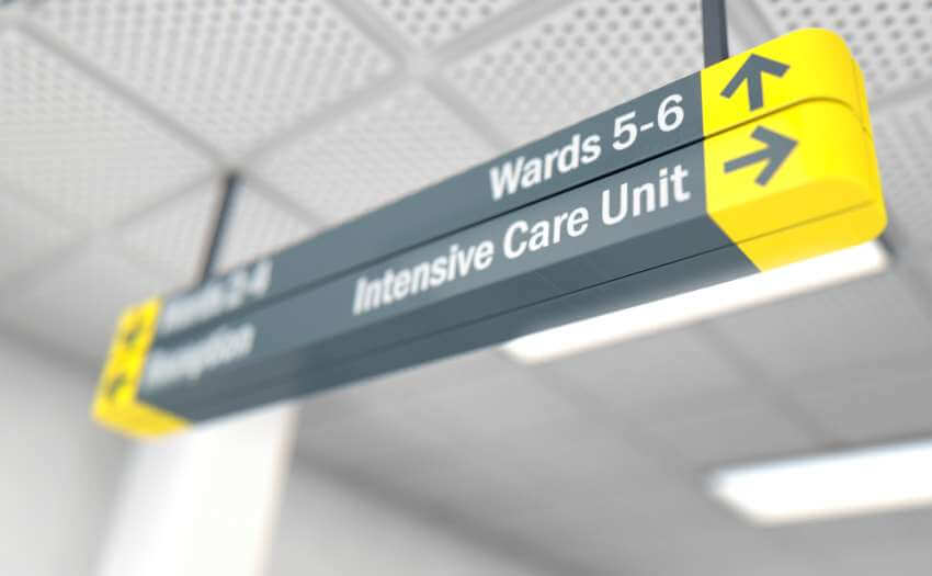 hospital ceiling sign for wards 5-6, the Intensive Care Unit