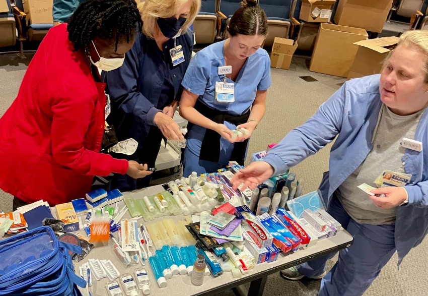 Team members sorting the donations