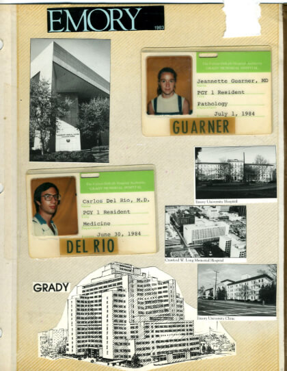Collage with the words Emory, Grady, Jeannette and Carlos' first badges in residency, and black and white photos of Emory buildings
