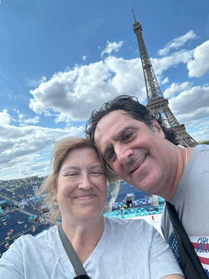 Jessica and Douglas in front of the Eiffel Tower in Paris