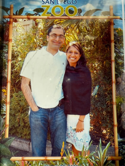 a keepsake photo of Divya and Ravi on a date at the San Diego Zoo